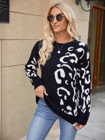 Woochic pull col en rond imprimé léopard dessin coloré noir S